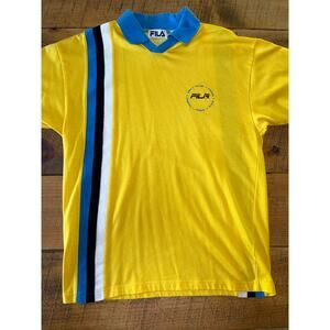 Mens FILA Vintage 90s Yellow Blue‎ White Short Sleeve Striped Collared Shirt M